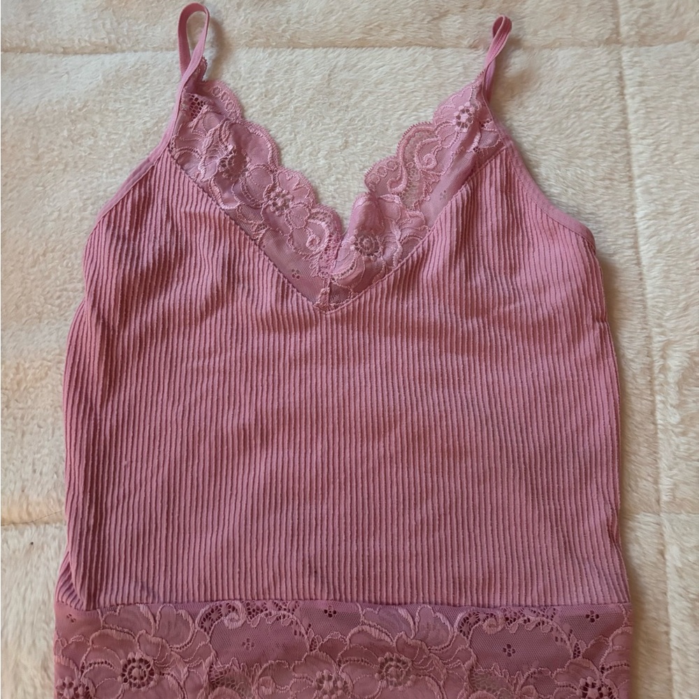 Pink Lace Trim Ribbed Camisole